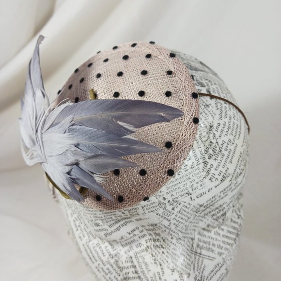 Small Round Fascinator Hat with Polka Dots Gray Feather \